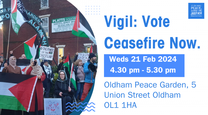 Vigil: Vote Ceasefire Now.