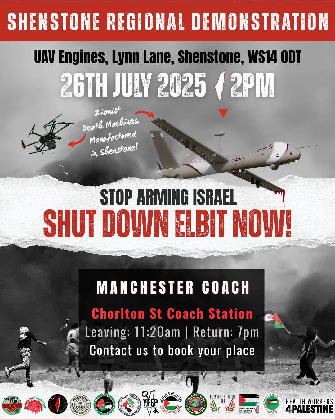 Join the Manchester coach to the monthly protest to Shut Elbit Down