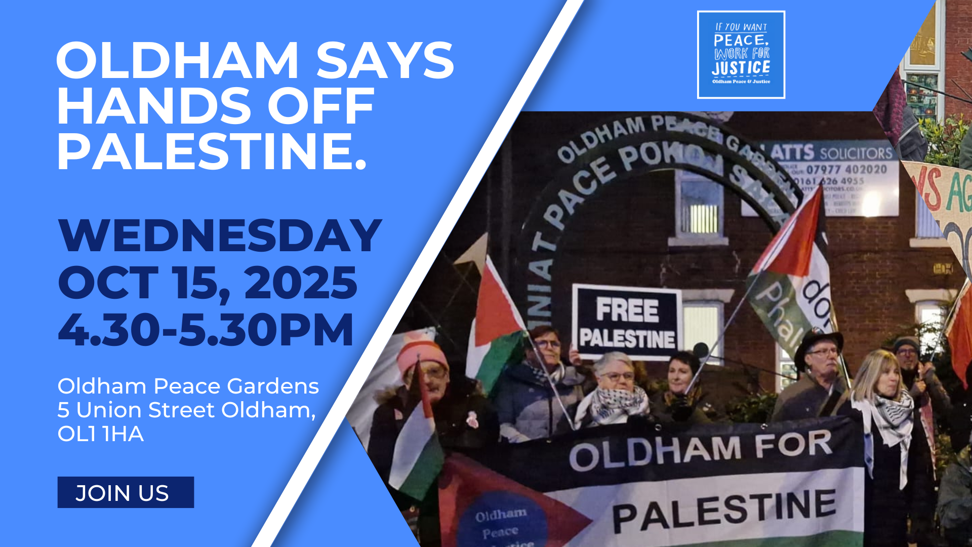 Oldham Says HANDS OFF PALESTINE!