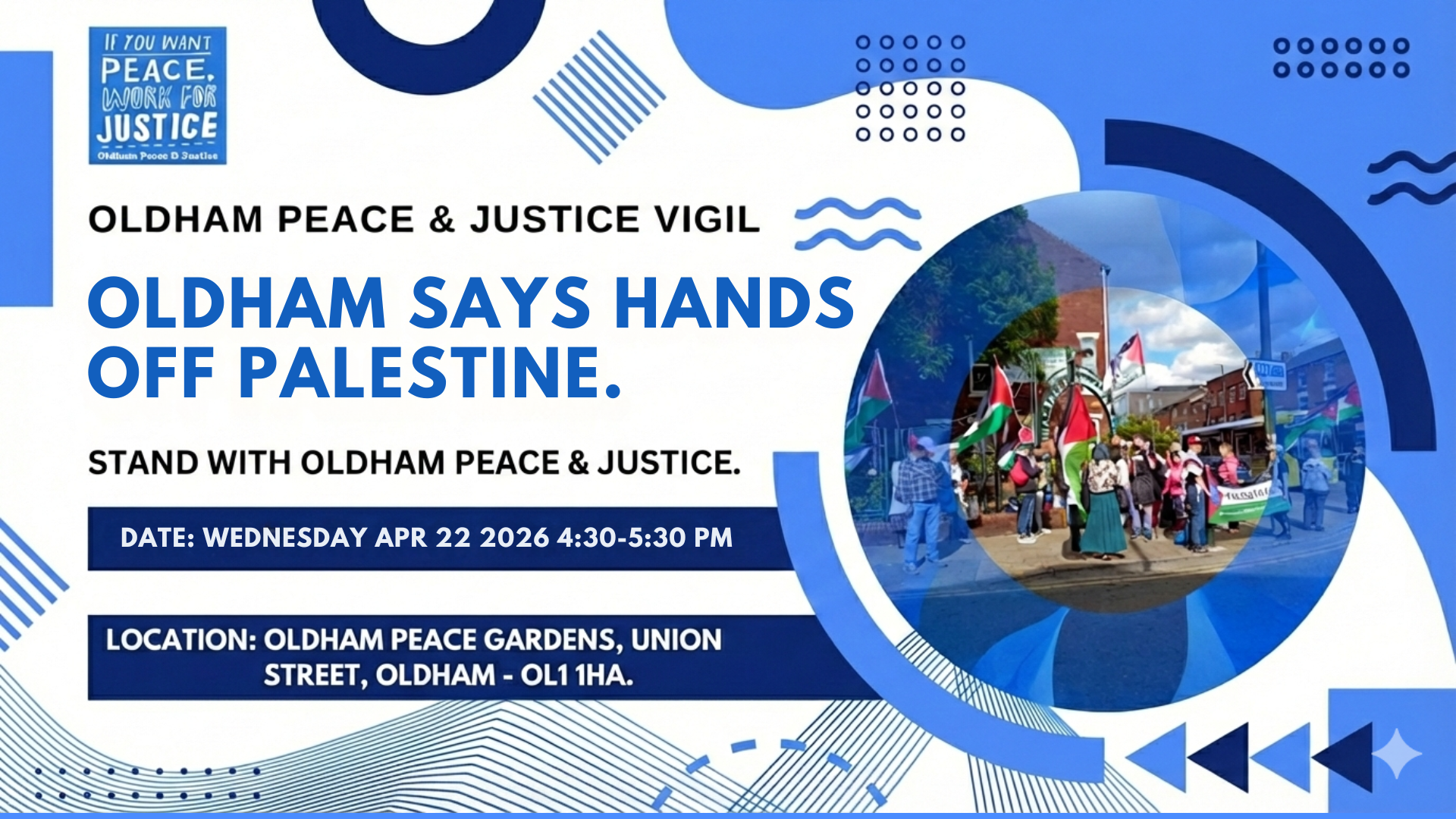 OLDHAM SAYS HANDS OFF PALESTINE