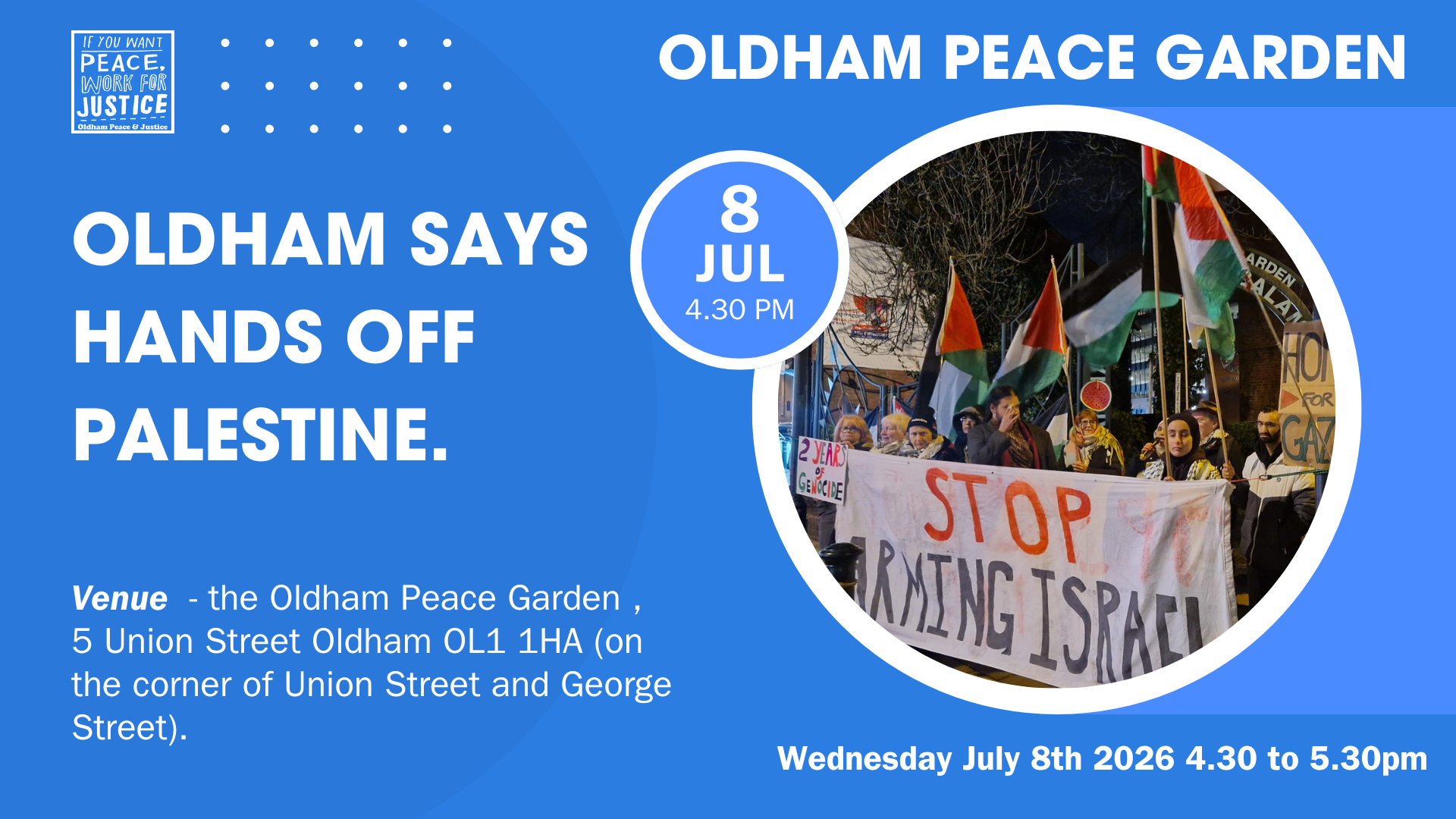 OLDHAM SAYS HANDS OFF PALESTINE