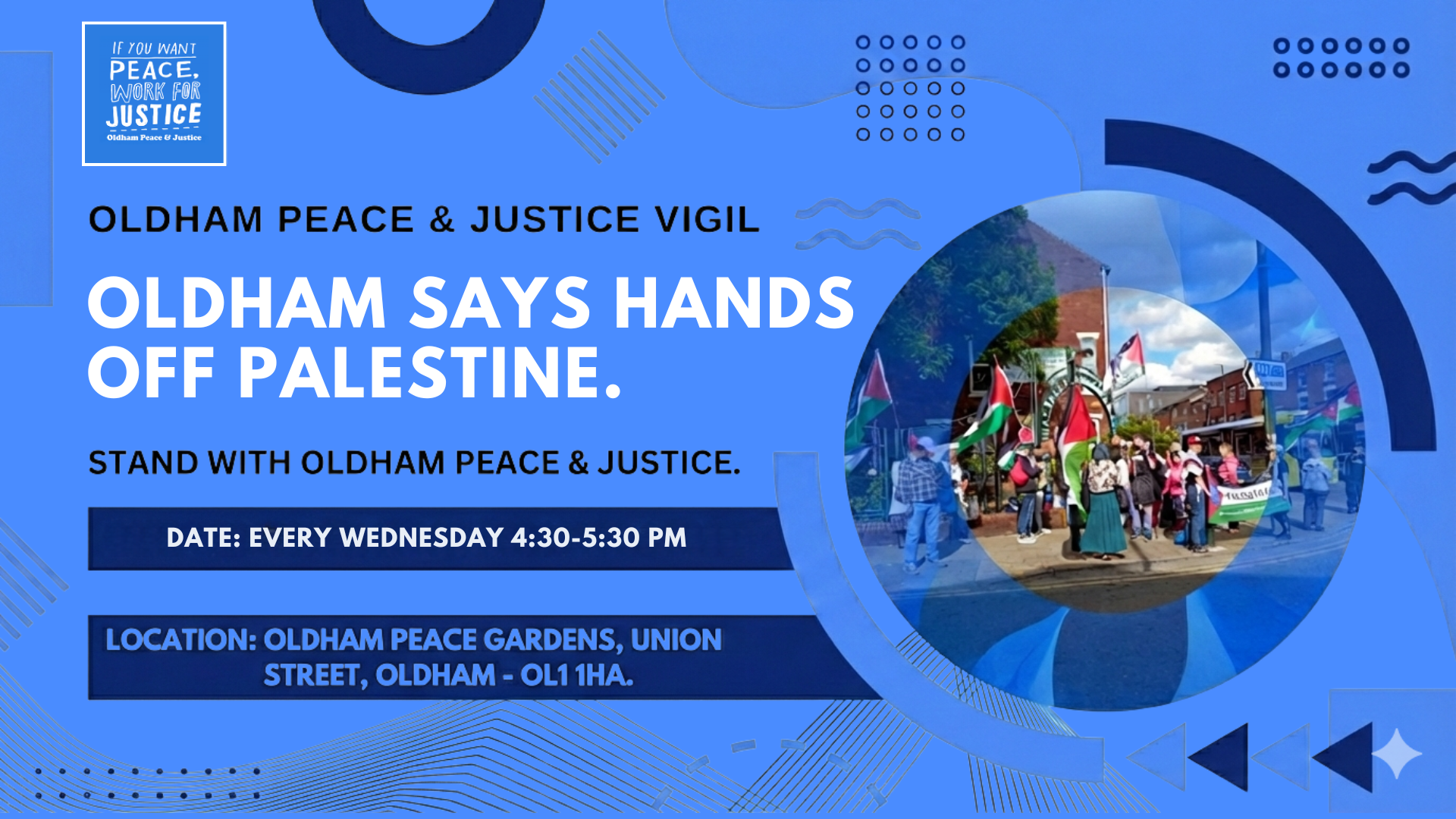 OLDHAM SAYS HANDS OFF PALESTINE
