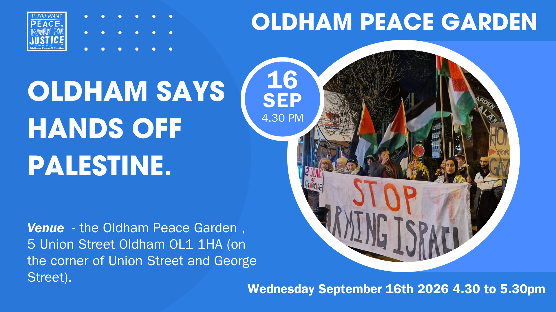 OLDHAM SAYS HANDS OFF PALESTINE